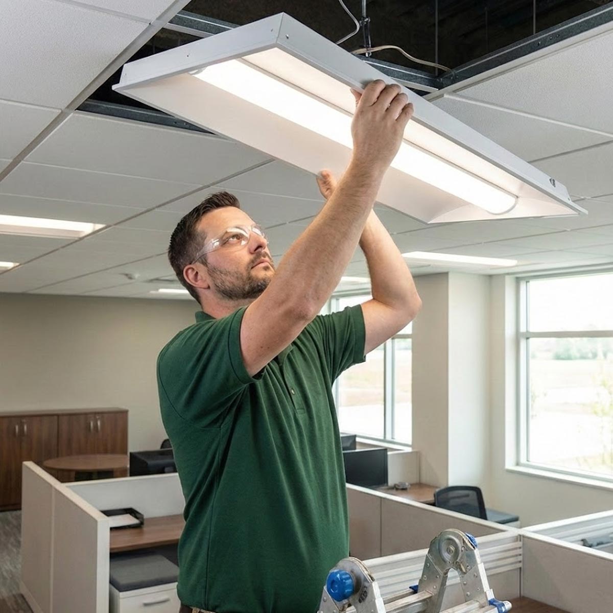 A commercial electrician in a green shirt on a ladder installing a new energy-efficient LED troffer light fixture in a modern office ceiling grid.
