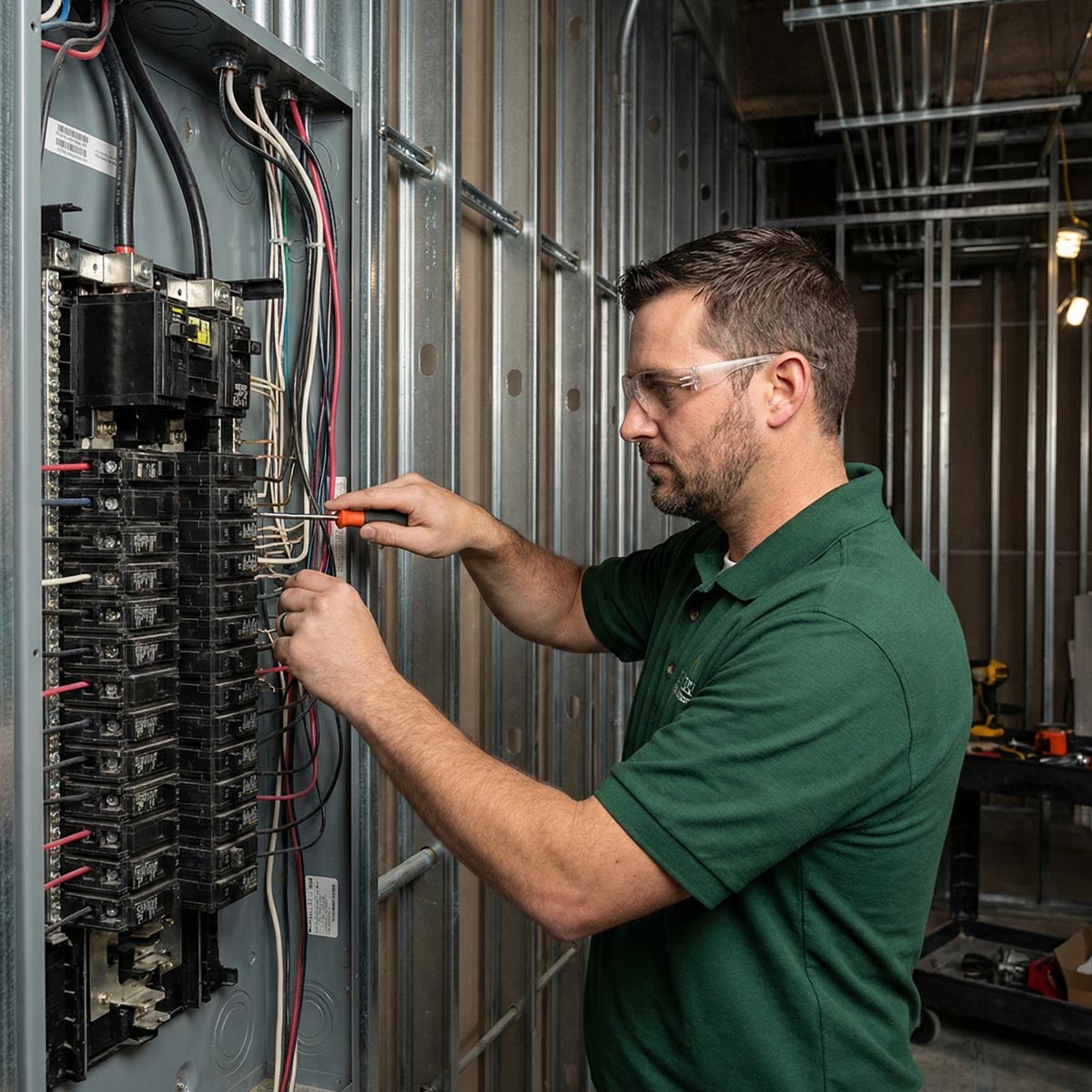 A Cooper & King commercial electrician in a green shirt and safety glasses wiring a large electrical panel in a new commercial building construction site.