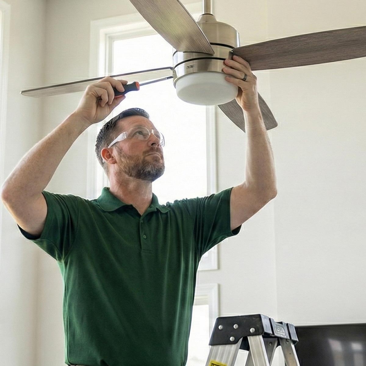 An electrician on a stepladder installing a new modern ceiling fan fixture in a bright living room with high vaulted ceilings.