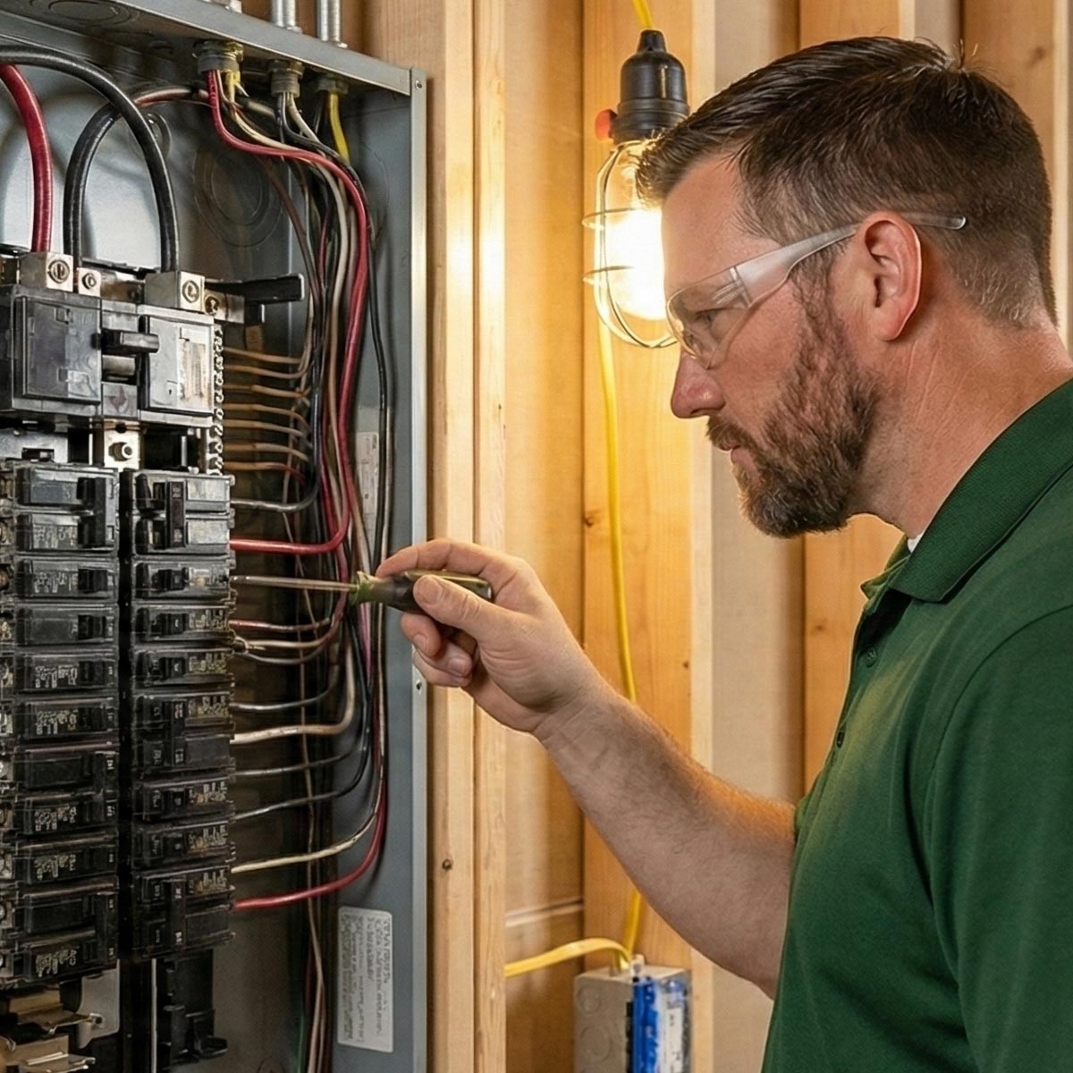 An electrician in a green shirt and safety glasses working on an open residential main circuit breaker panel in an unfinished basement.