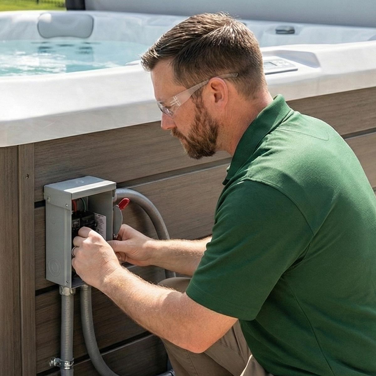 n electrician in a green shirt kneeling outdoors, installing electrical wiring into a disconnect box for a large hot tub swim spa.